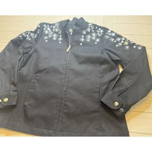Bob Mackie Black Jacket Stretch Mandarin Collar Zip Crystal Embellished Silver S